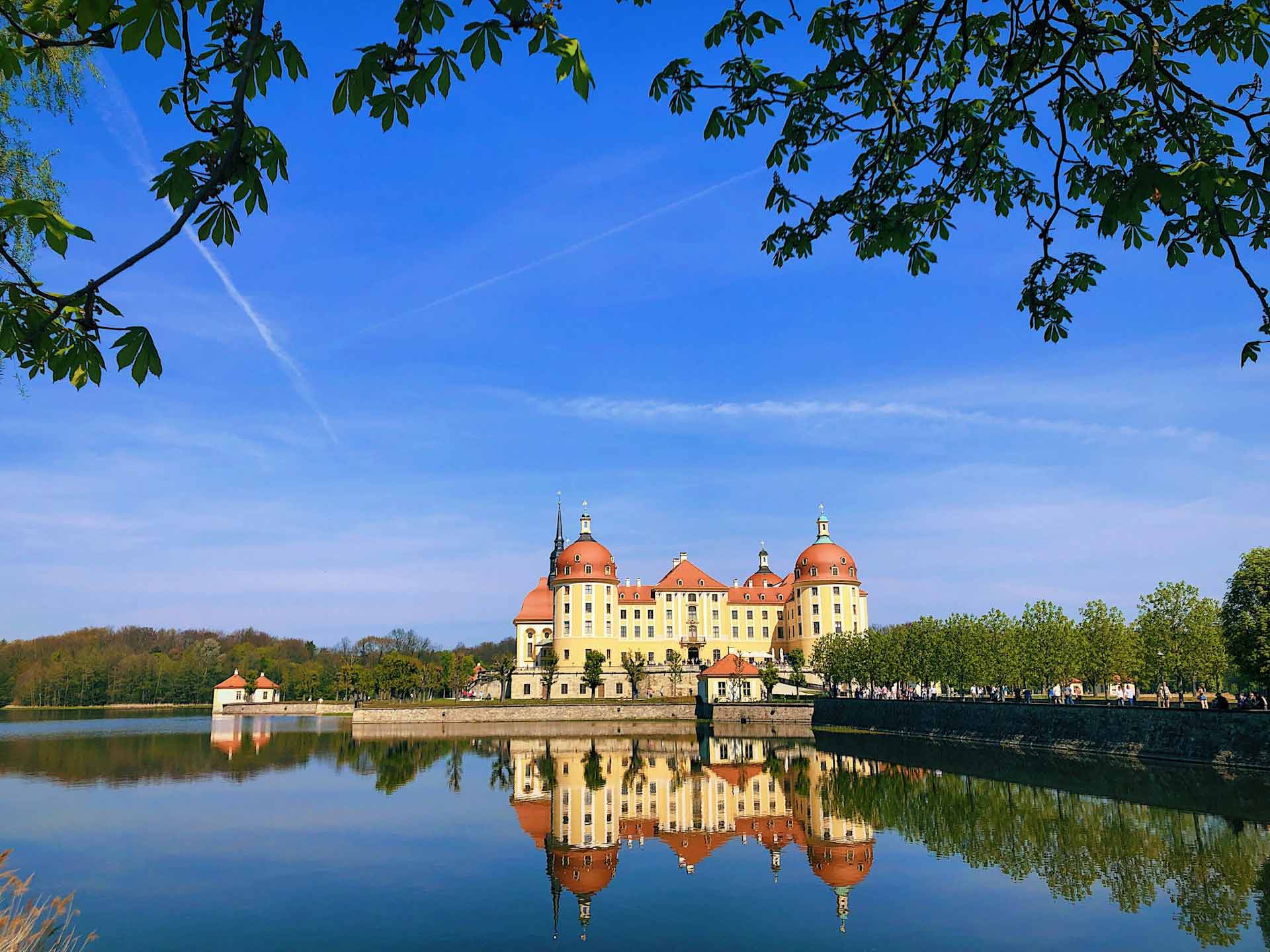 Schloss Moritzburg: Eine malerische Perle der Barockarchitektur, eingebettet in eine zauberhafte Landschaft aus Wäldern, Seen und sanften Hügeln.