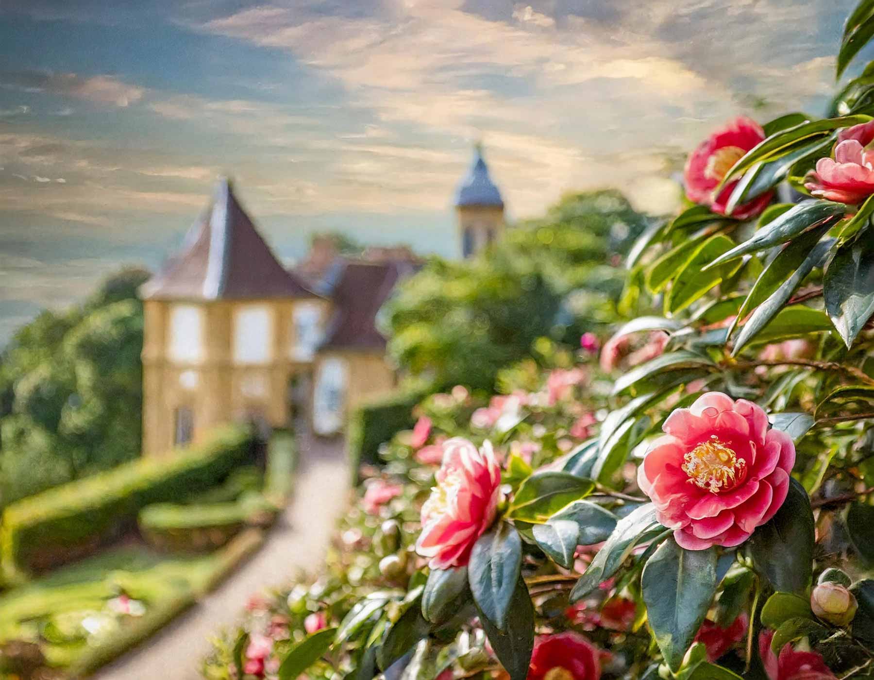 Ein malerischer Blick auf das Landschloss Zuschendorf zur Kamillenblüte, umgeben von atemberaubender Natur.